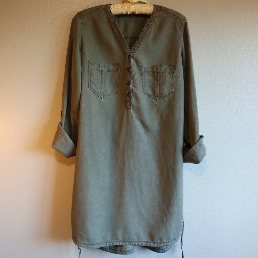 Army Green Utility Style Shirt Dress tunic Half Button Up Cuff Sleeve Size M